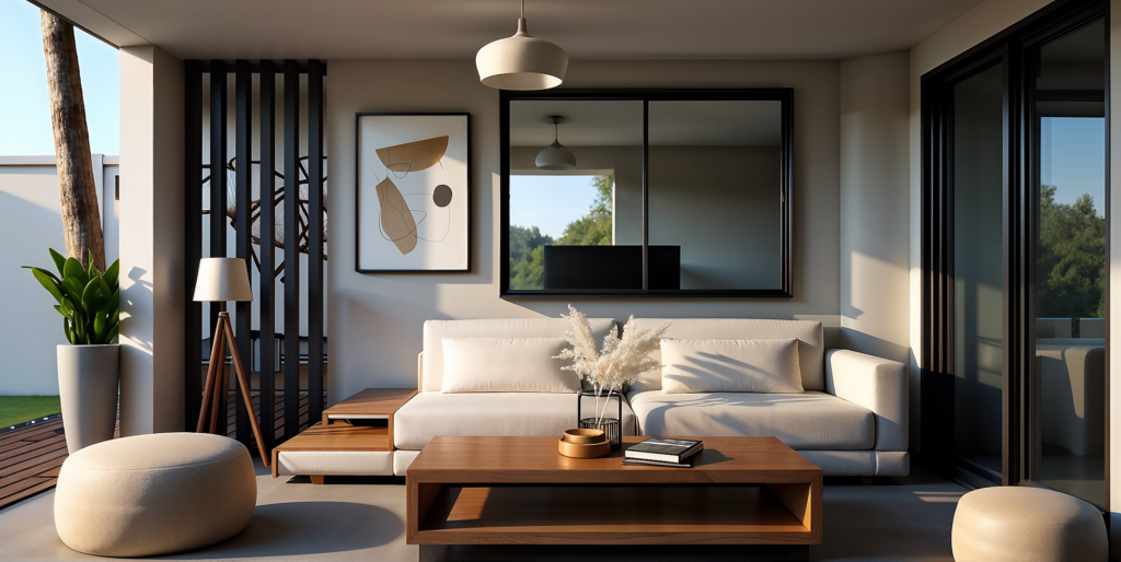 Diseño de sala moderna con muebles a medida y decoración en apartamento Santa Tecla.