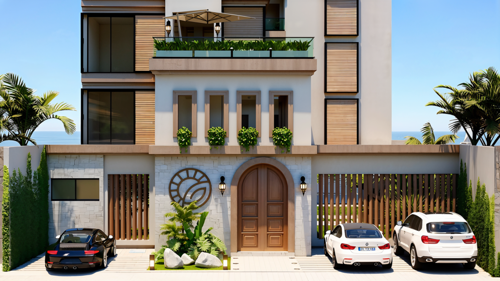 Diseño arquitectónico del Hostal de Playa La Libertad mostrando edificio de cinco niveles