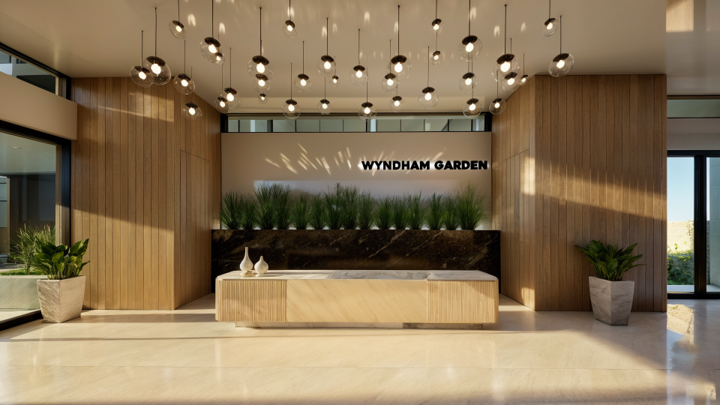Diseño de interiores del Hotel Wyndham Garden San Blas mostrando lobby moderno y luminoso